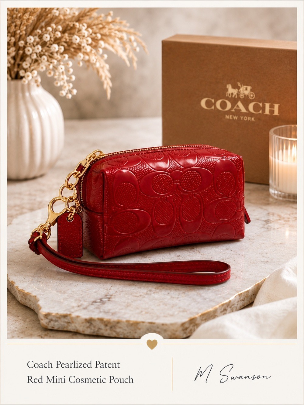 NEW Coach Pearlized Red Patent Leather Mini Cosmetic Pouch Boxed Essential NIB